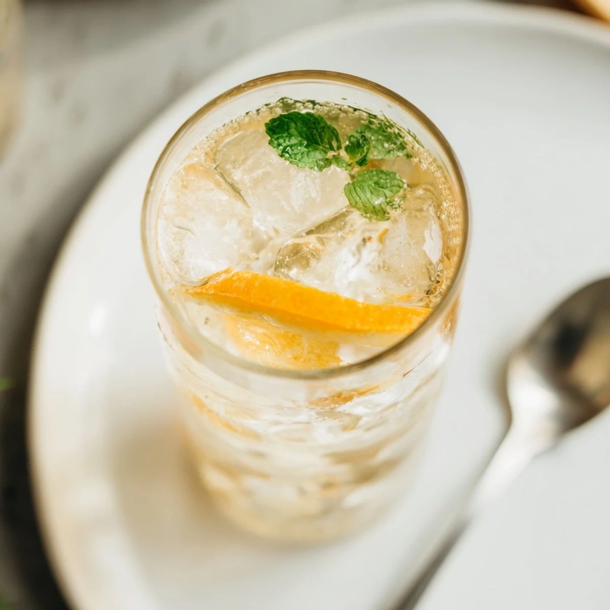 A vibrant probiotic soda mocktail with fresh citrus and mint leaves.  