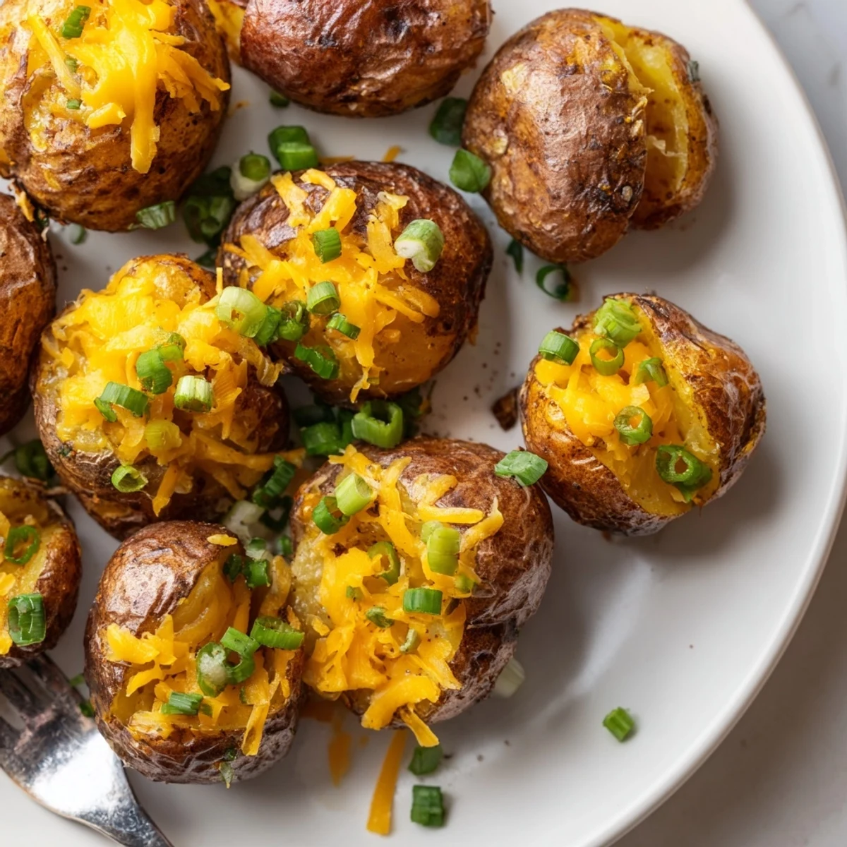 Crispy Smashed Green Onion Potato Bombs topped with melted cheese and fresh herbs.  