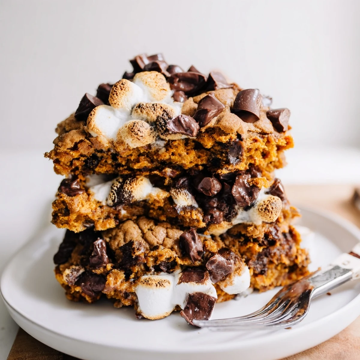 Decadent S’mores Pumpkin Cookie Cake topped with gooey marshmallows and chocolate chunks.  