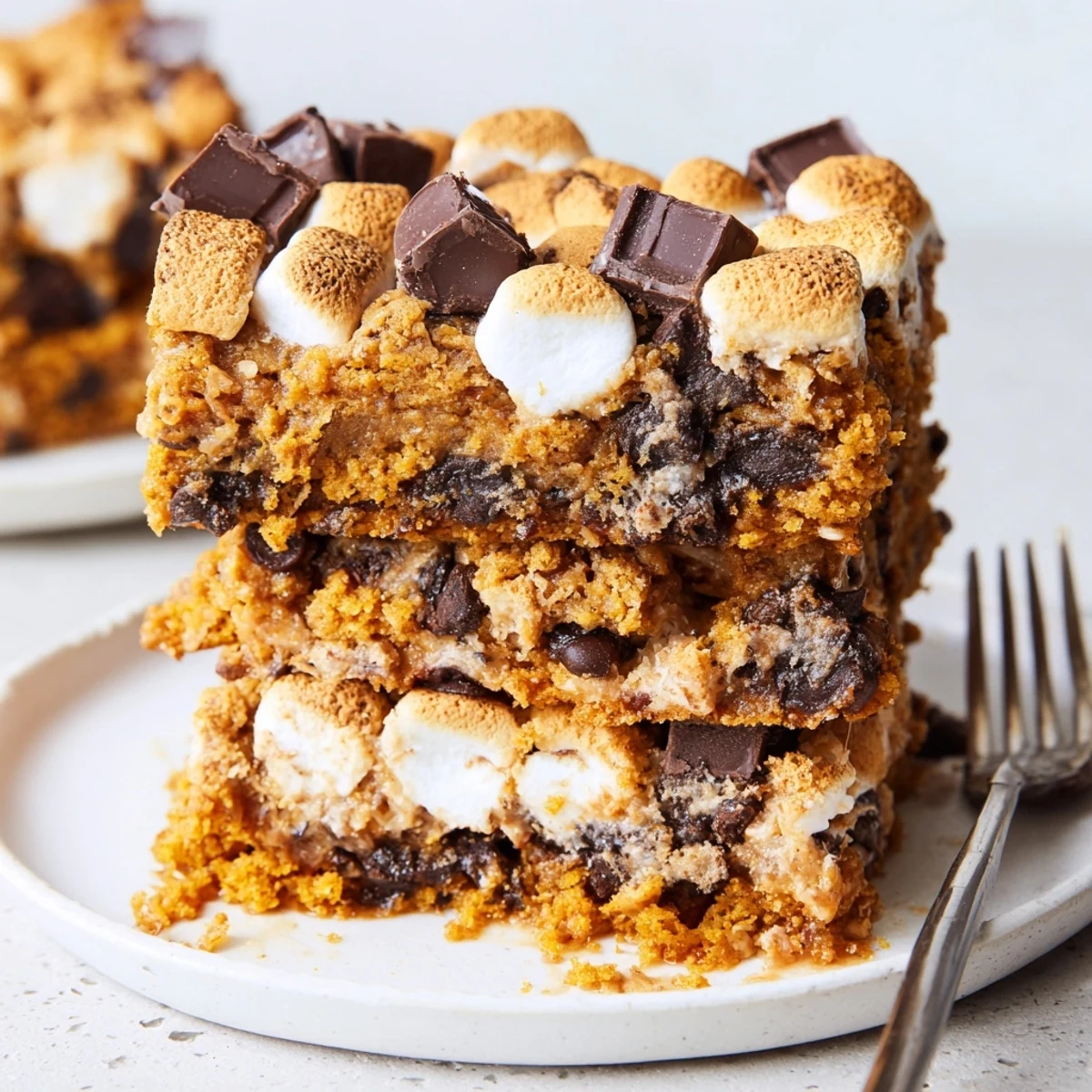 Slice of spiced S’mores Pumpkin Cookie Cake drizzled with melted chocolate and toasted marshmallows.