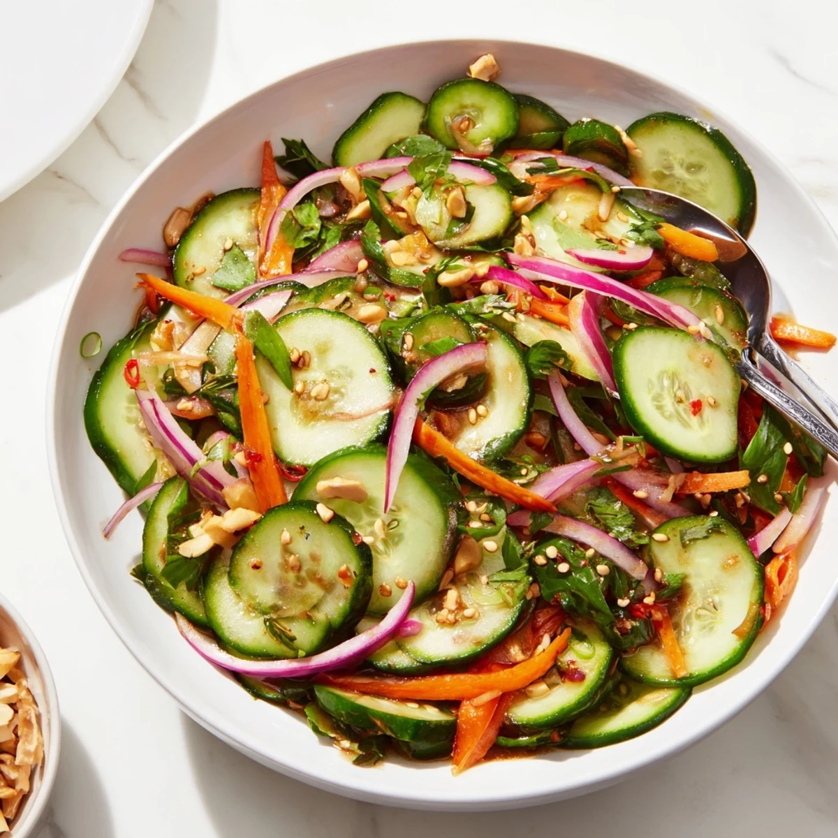 Cucumber salad remix drizzled with tangy fish sauce and topped with sesame seeds.  