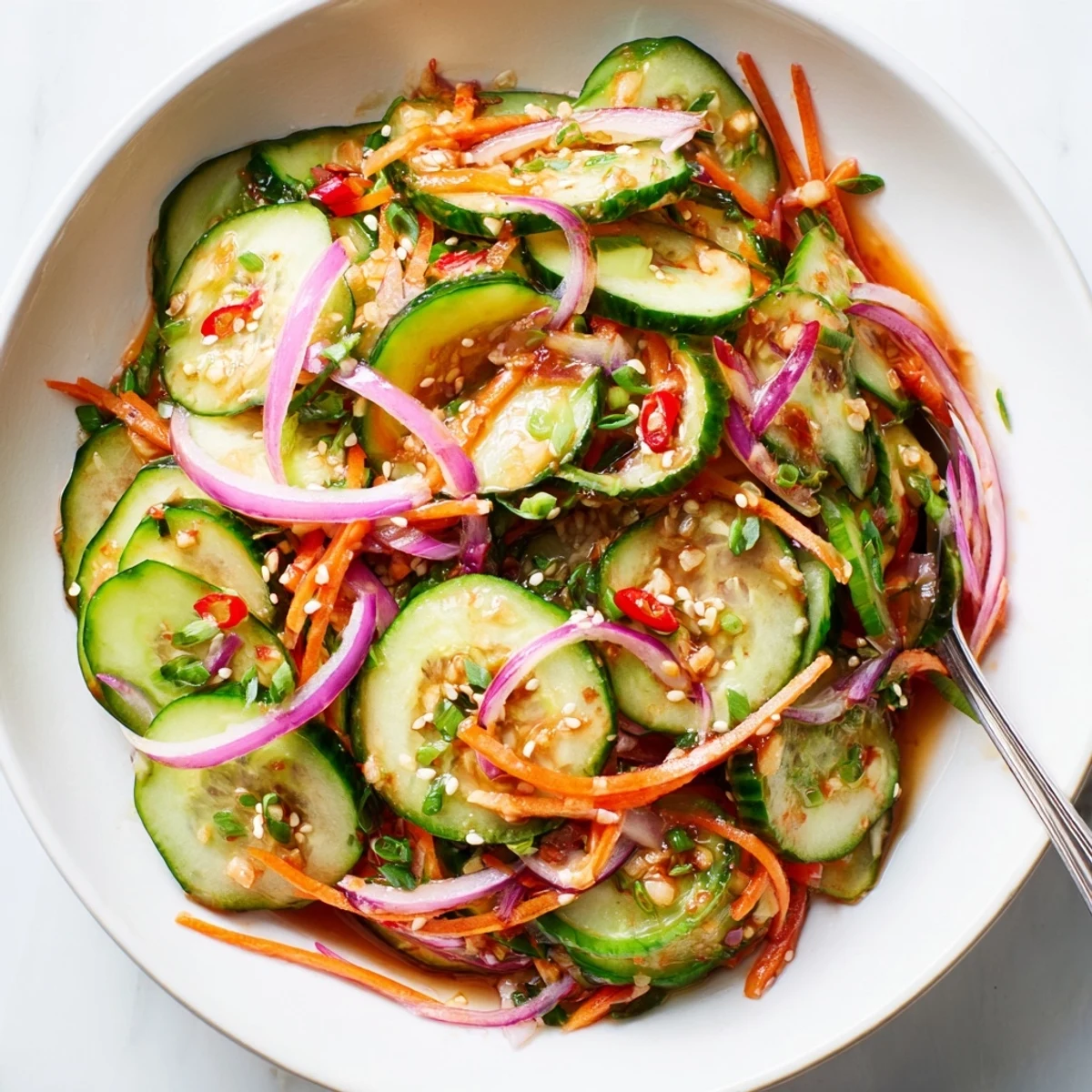 Brightly colored cucumber salad remix, featuring fresh veggies and a zesty vinaigrette.