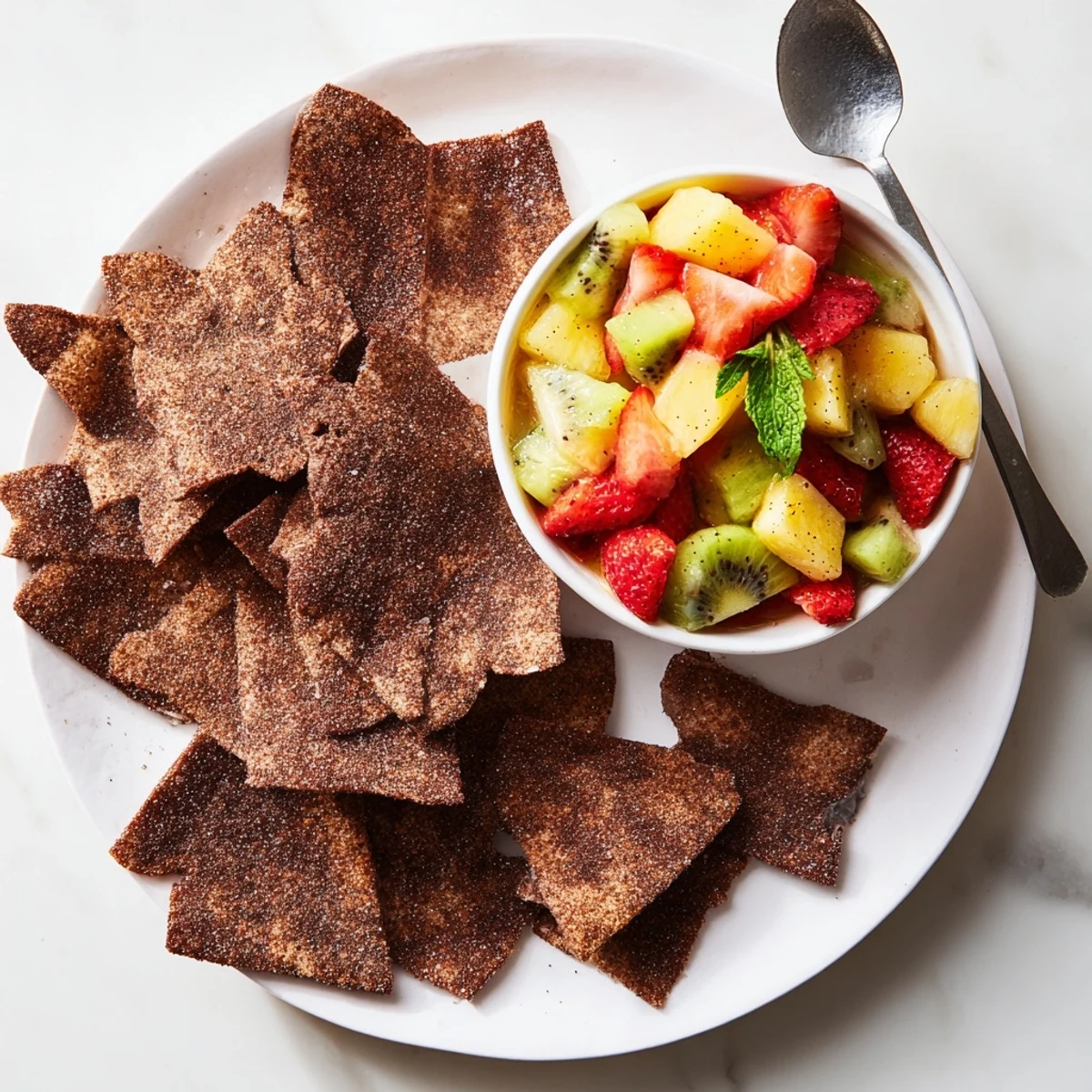 Crispy chocolate tortilla chips paired with fresh fruit salsa for dessert delight.  