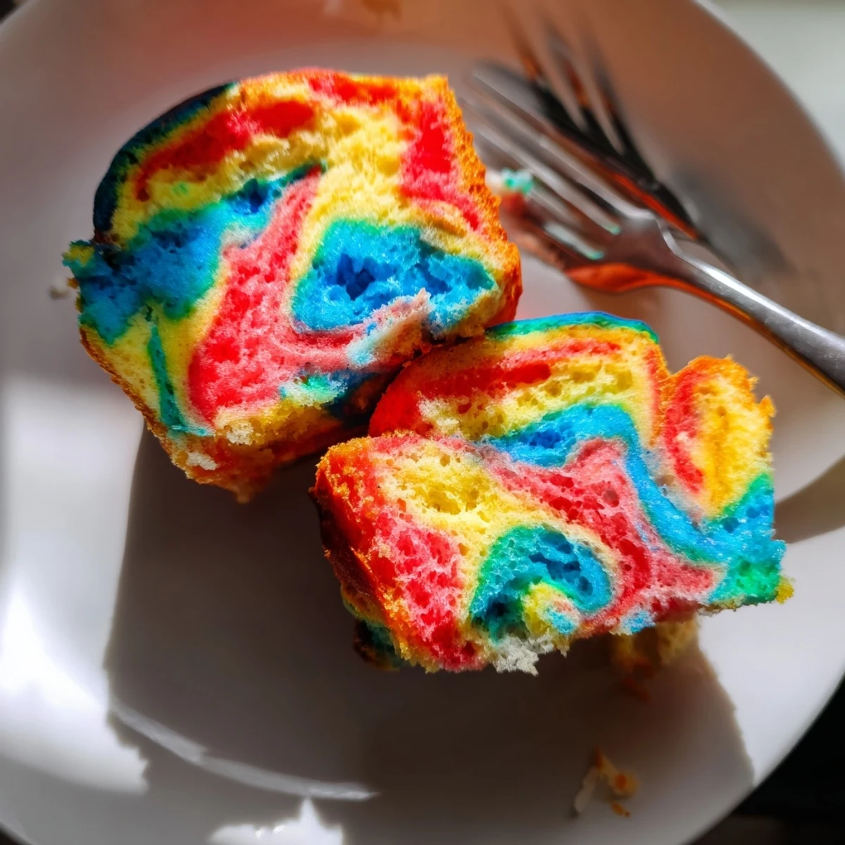 Fluffy cloud bread in vibrant rainbow colors, perfect for cheerful breakfasts or snacks.  