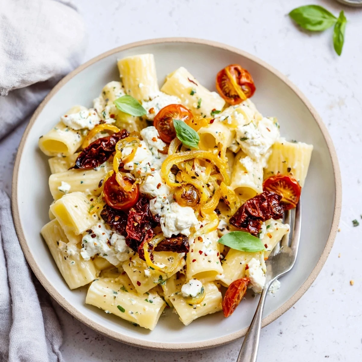 Delightful Baked Feta Pasta bursting with flavors from caramelised onions and cherry tomatoes.
