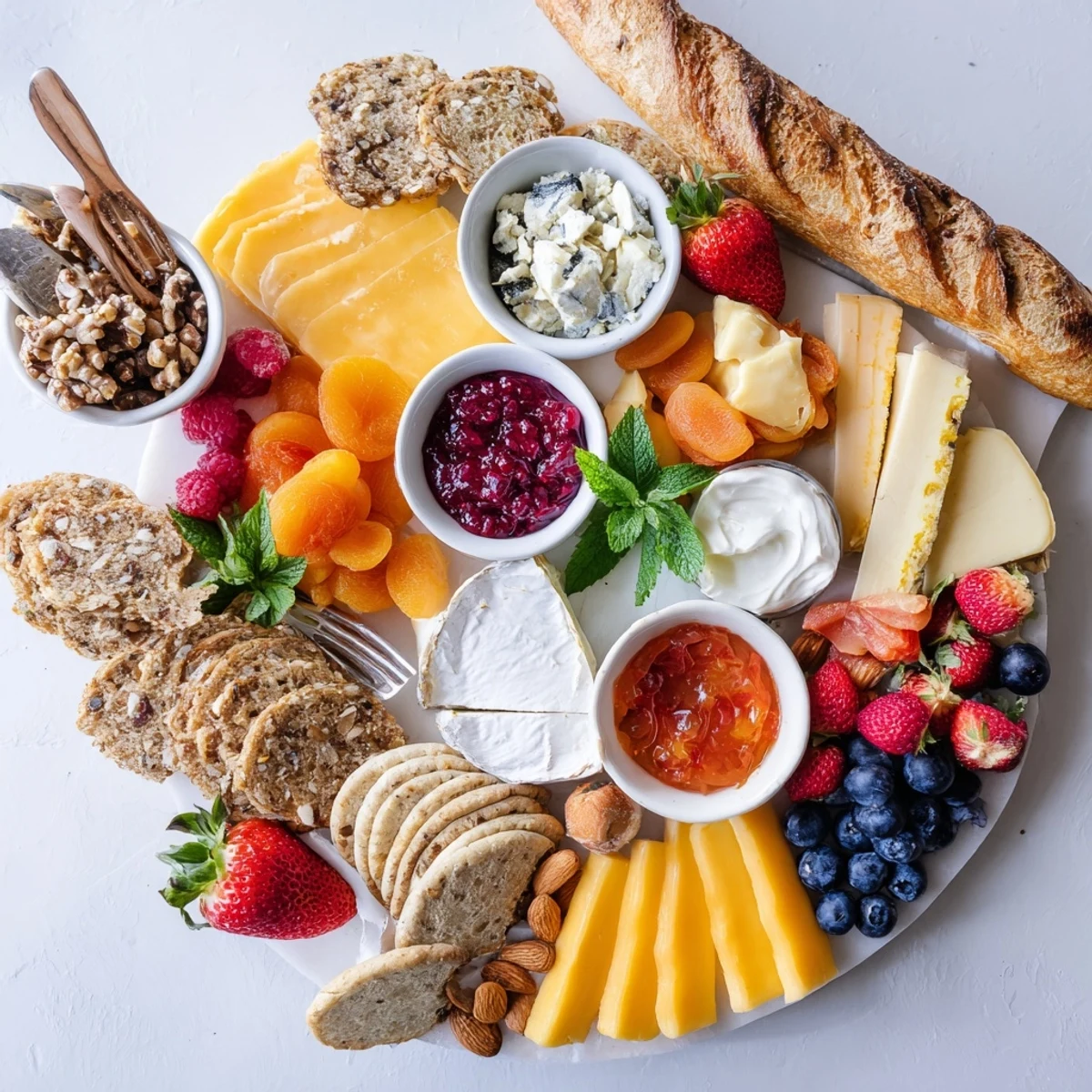 Vibrant jam-infused brunch board featuring colorful fruits, cheeses, and artisan breads.  