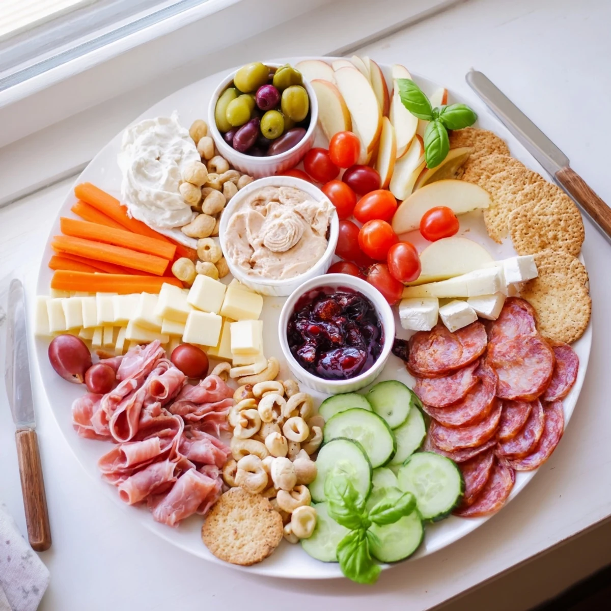 A vibrant Girl Dinner Platter brimming with assorted cheeses, fruits, and colorful dips.  