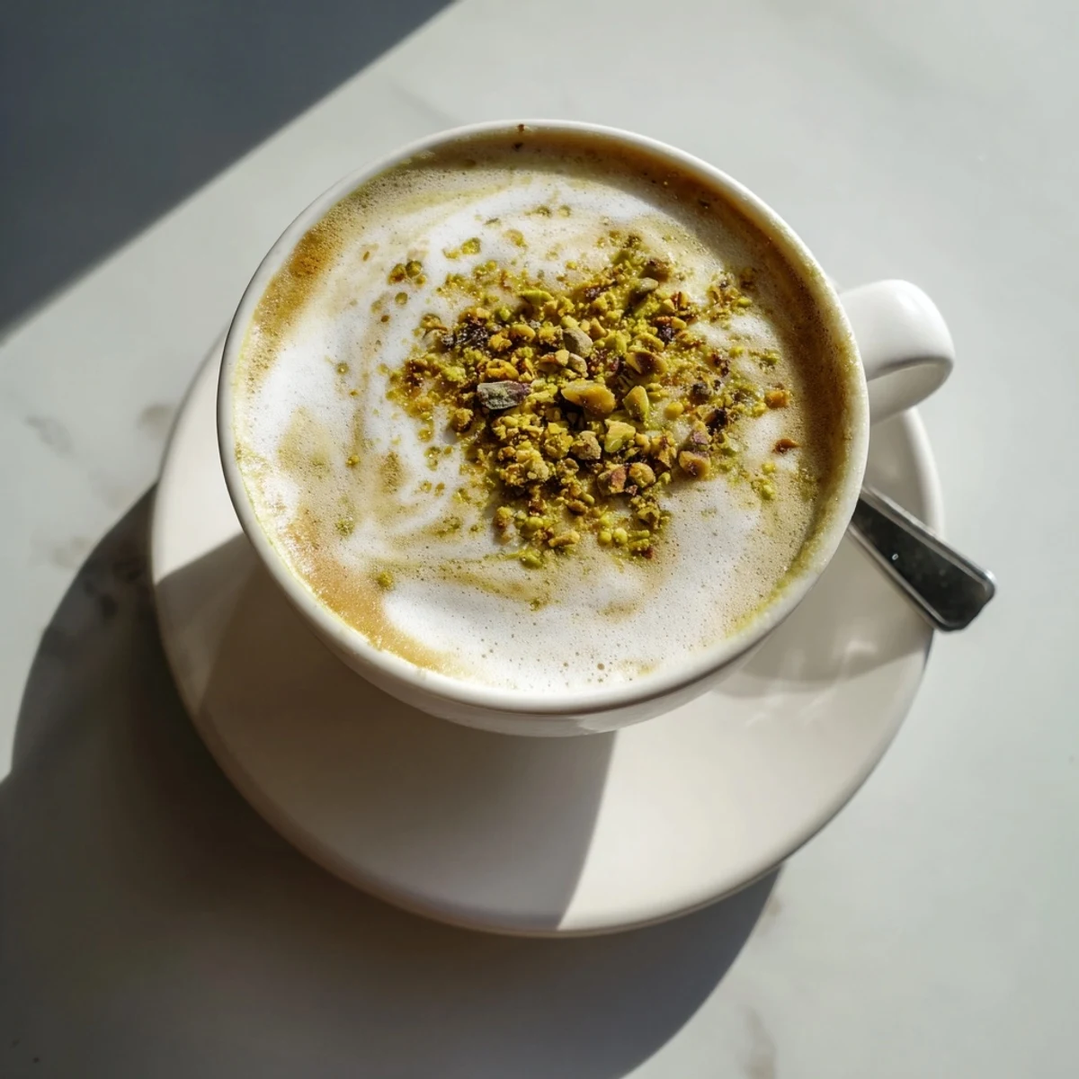 Creamy pistachio milk latte topped with crushed nuts for a delightful morning treat.  