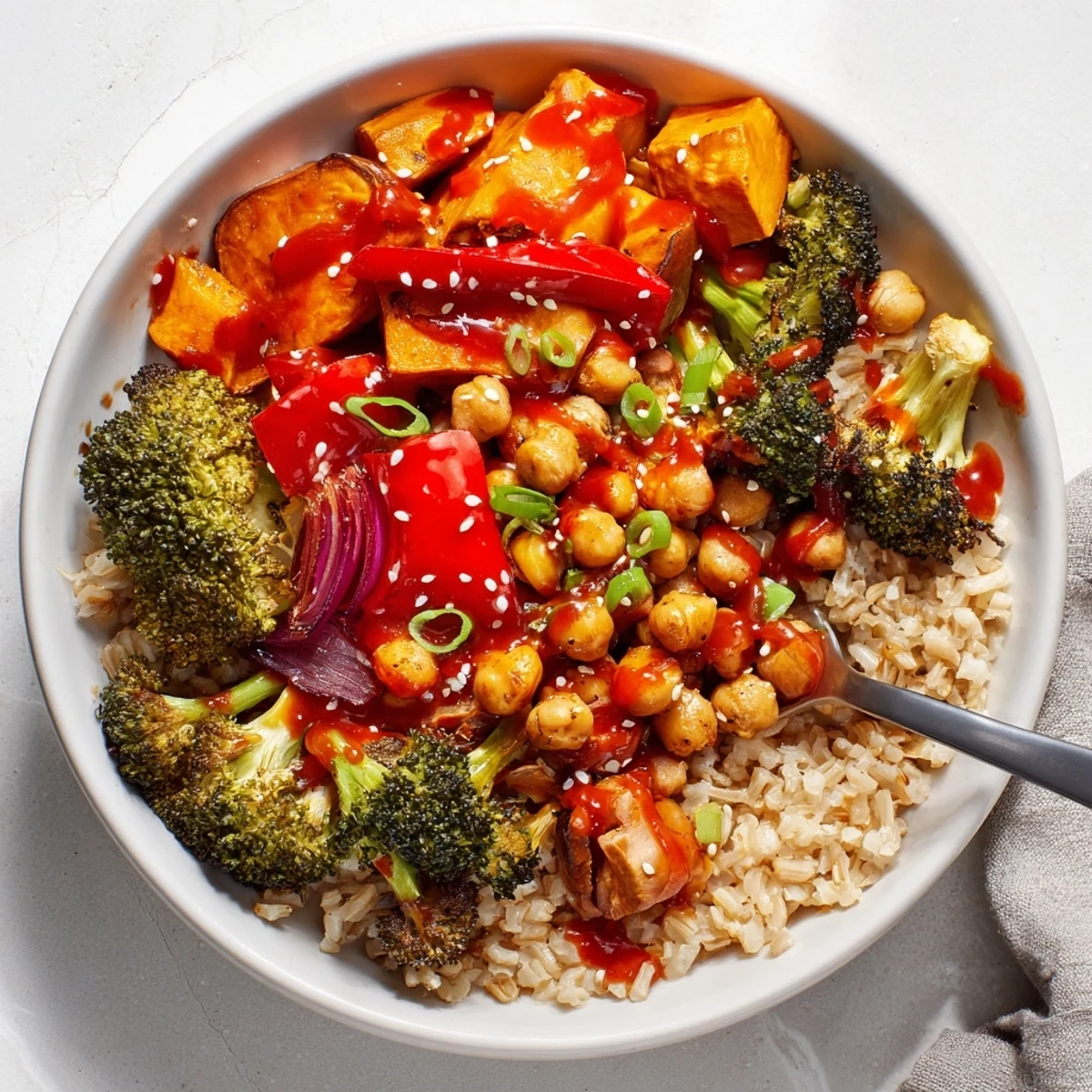 Delicious Bold Sauce Drizzle Bowls featuring gochujang-maple sauce and colorful ingredients.  