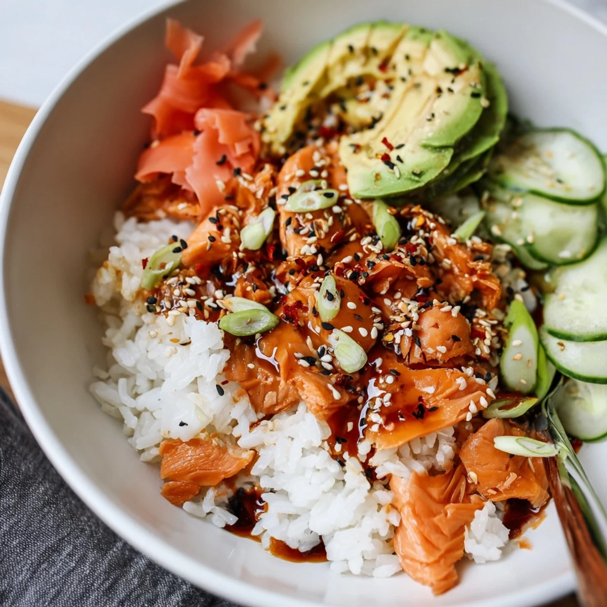 Delicious leftover salmon and rice bowl garnished with fresh avocado and cucumber slices.  