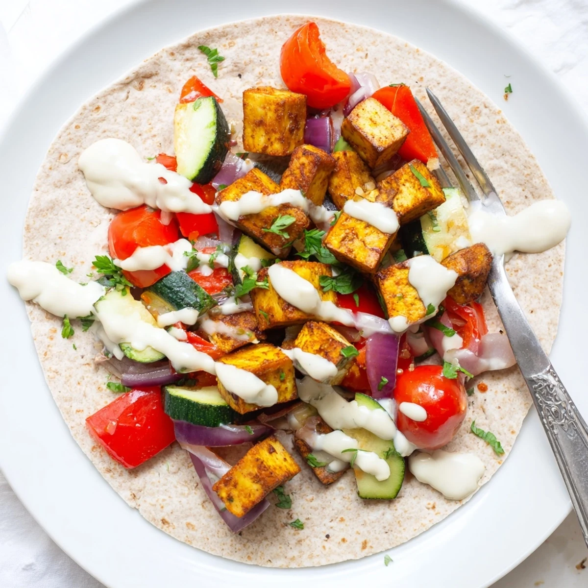 Vegan Viral Recipe re-make featuring colorful roasted tofu and fresh veggies in wraps.  