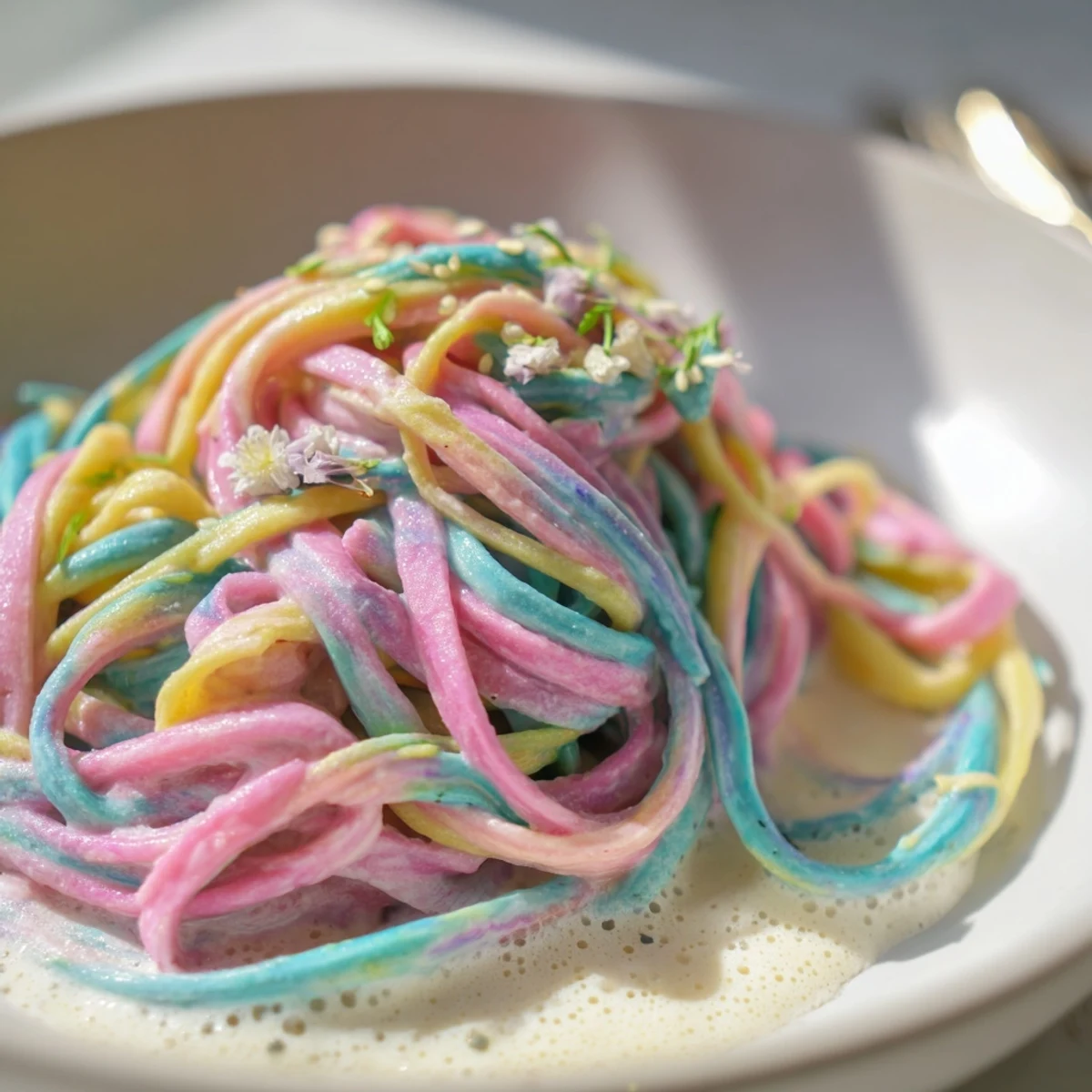 A vibrant Neon Noodle Cloud dish drizzled in creamy sauce, perfect for kids.  