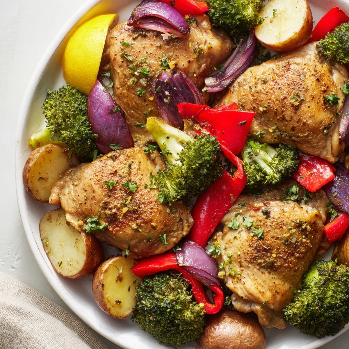 Juicy Lazy Gourmet Chicken & Vegetable One-Pot served with fresh lemon wedges.  