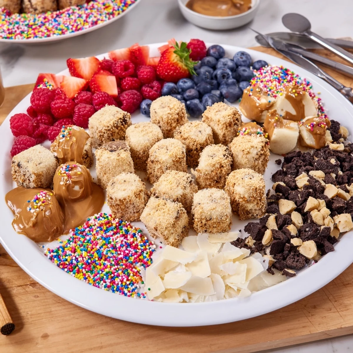 Delicious cheesecake bites topped with caramel, chocolate, and vibrant berries on a platter.  