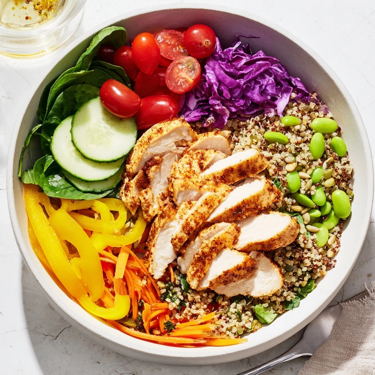 Colorful Healthy Meal-Prep Bowls with layered veggies and quinoa for a nutritious lunch.  