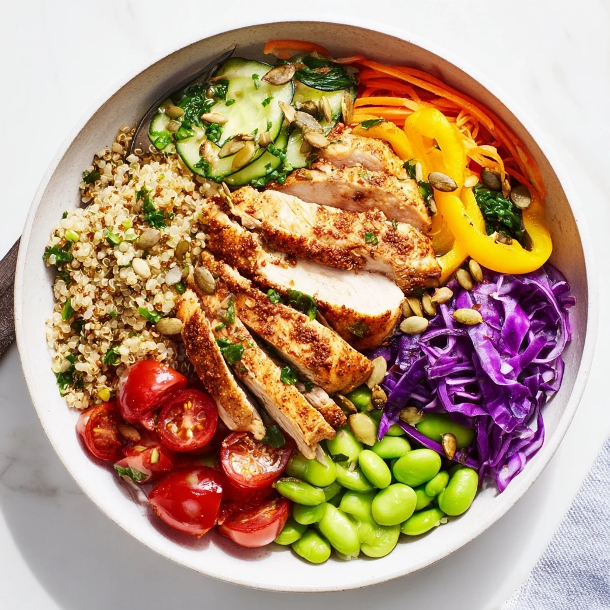 Vibrant, nutrient-rich Healthy Meal-Prep Bowls topped with zesty dressing and pumpkin seeds.  