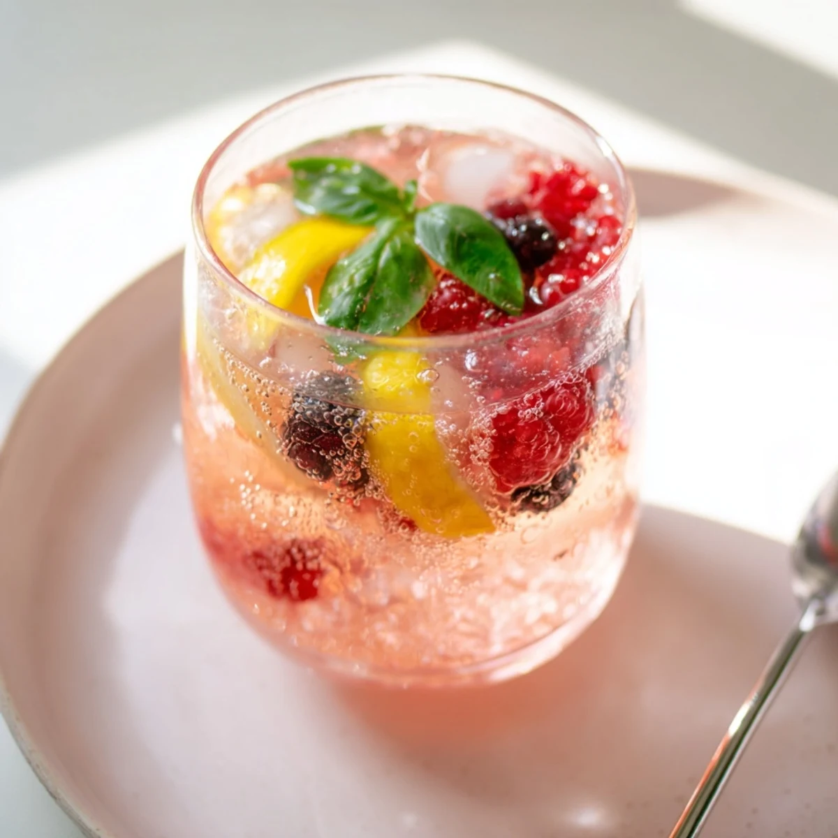 A vibrant glass of kombucha-style home-brew mocktails garnished with fresh berries and mint.  
