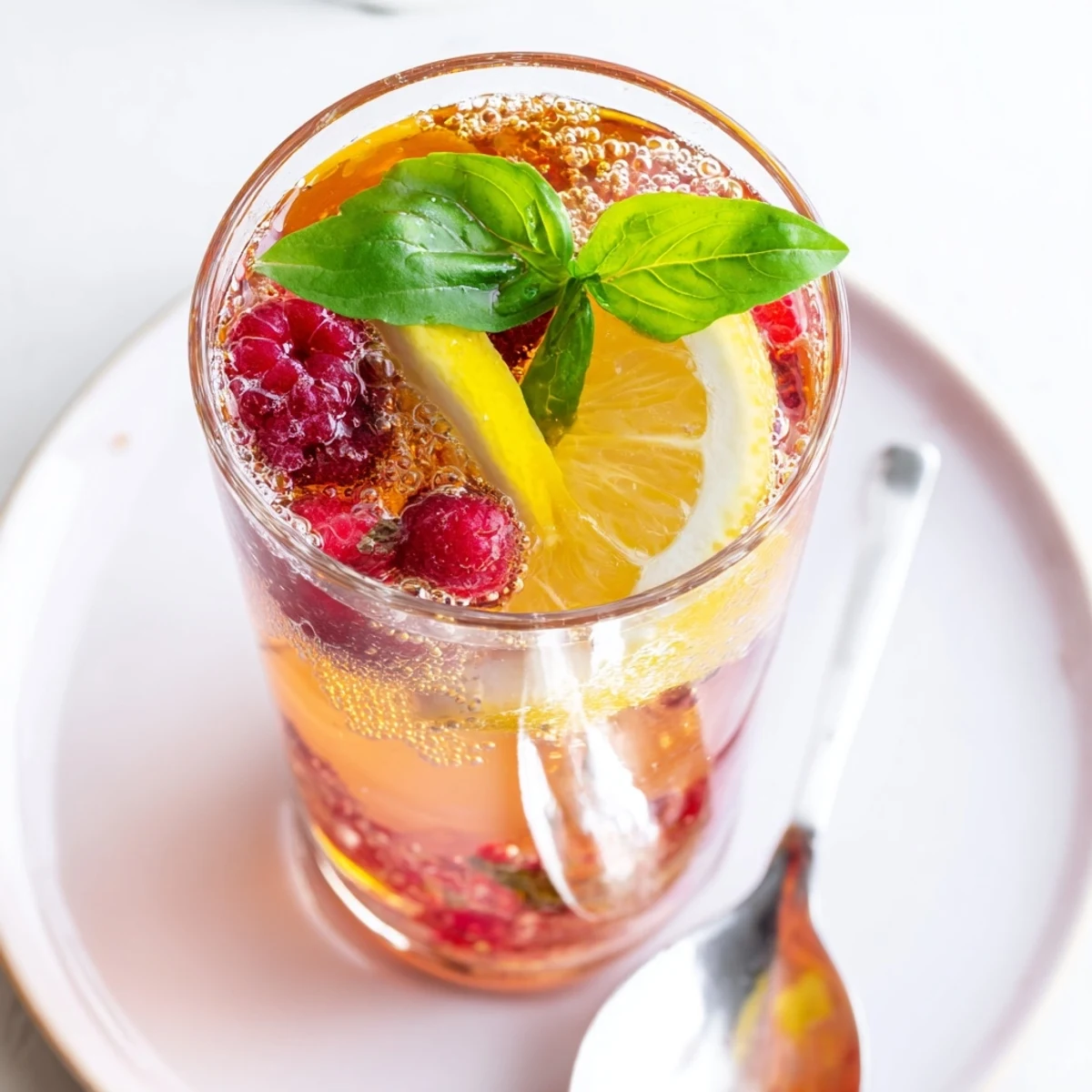 Colorful homemade kombucha-style mocktails served in chilled glasses with fruit slices.  