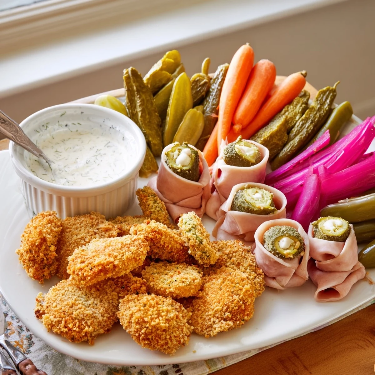 Crispy fried pickles topped with ranch dipping sauce in this Pickle Lovers Meal.  