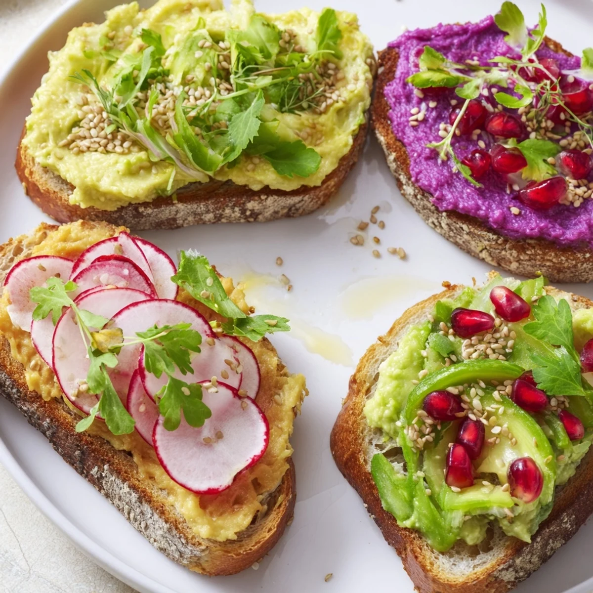 Vibrant Bright & Bold Breakfast Toasts topped with ube, avocado, and colorful garnishes.  