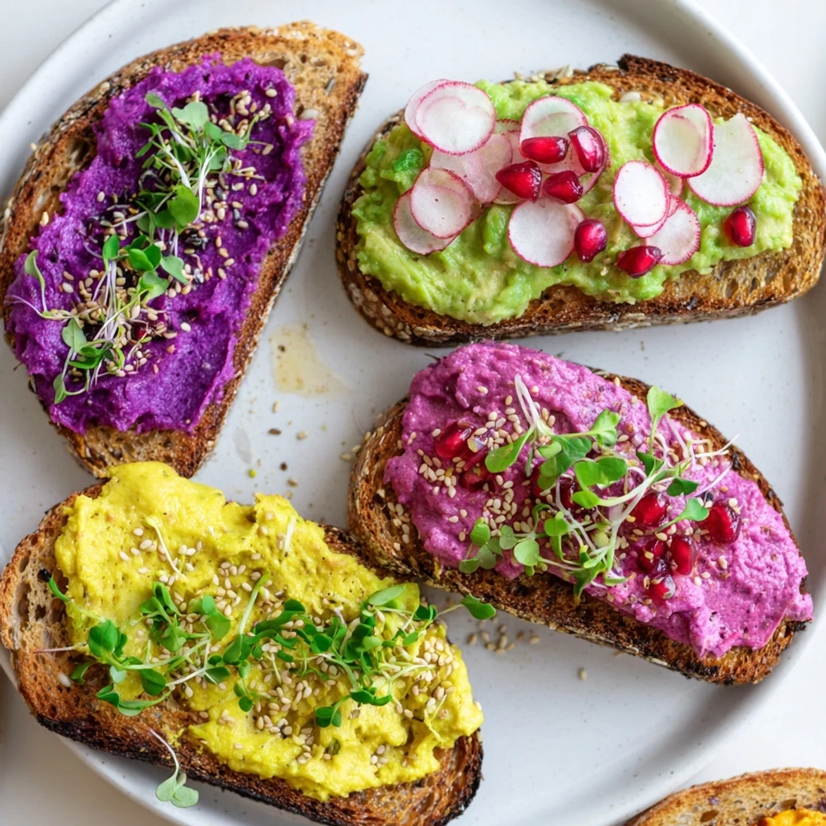 Deliciously vibrant Bright & Bold Breakfast Toasts adorned with radishes and pomegranate seeds.