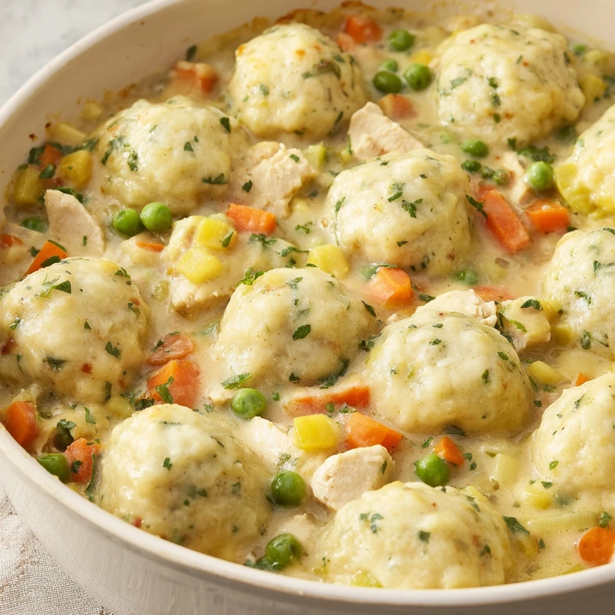 Creamy Chicken and Dumplings Casserole topped with fluffy dumplings and fresh parsley.  