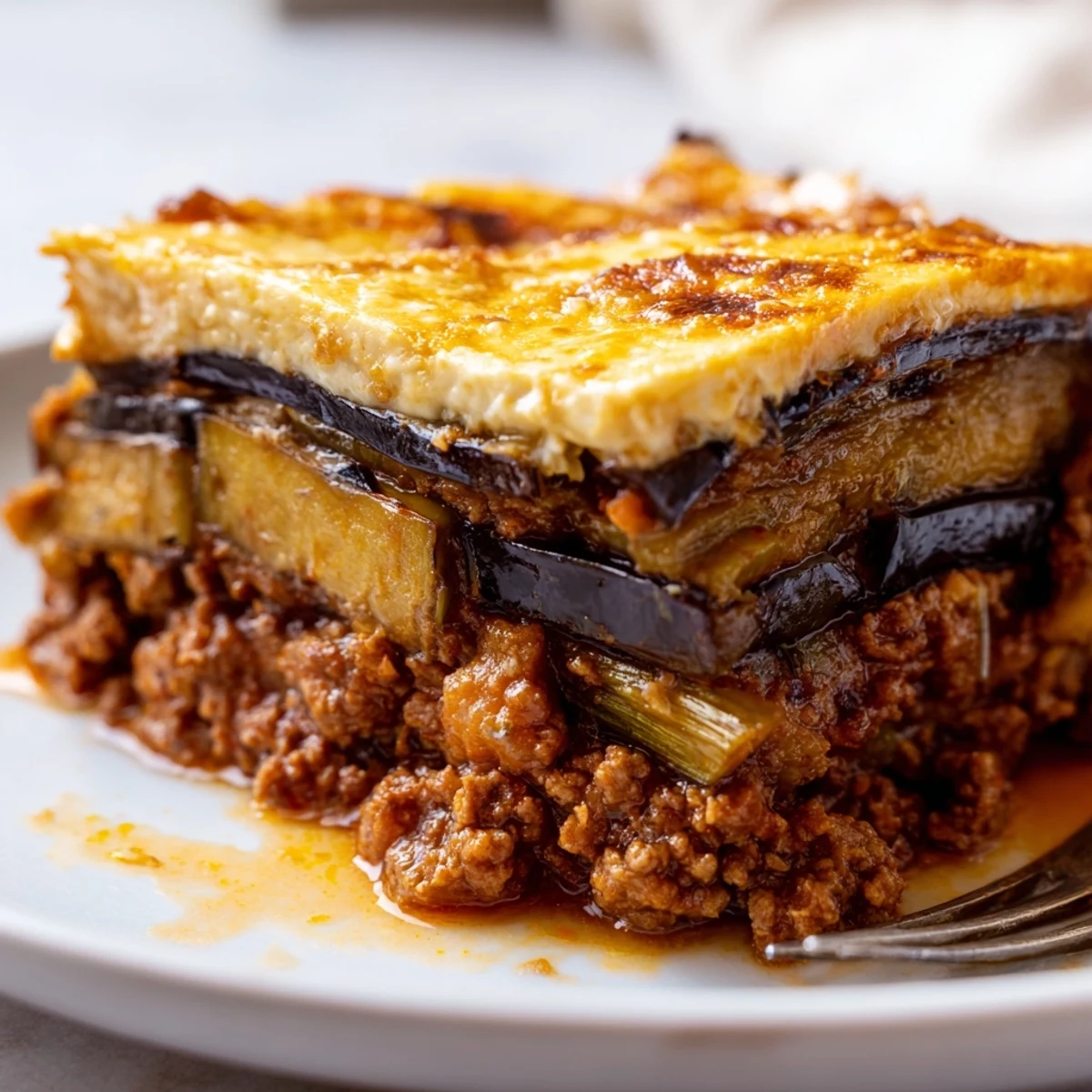Delicious Moussaka with Beef & Eggplant, topped with creamy béchamel and golden cheese.  