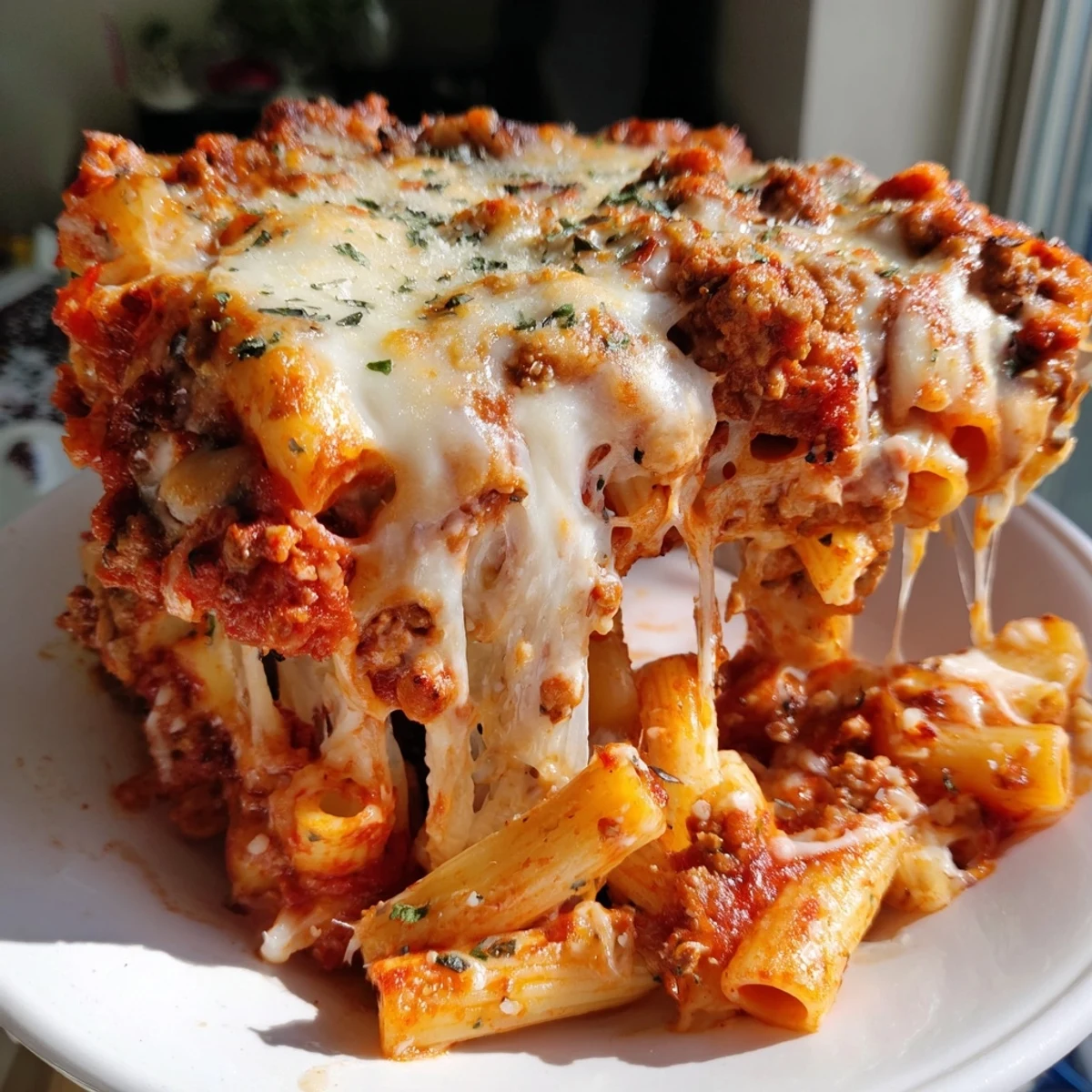 Delicious Baked Ziti with Meat Sauce topped with melted cheese and fresh herbs.  