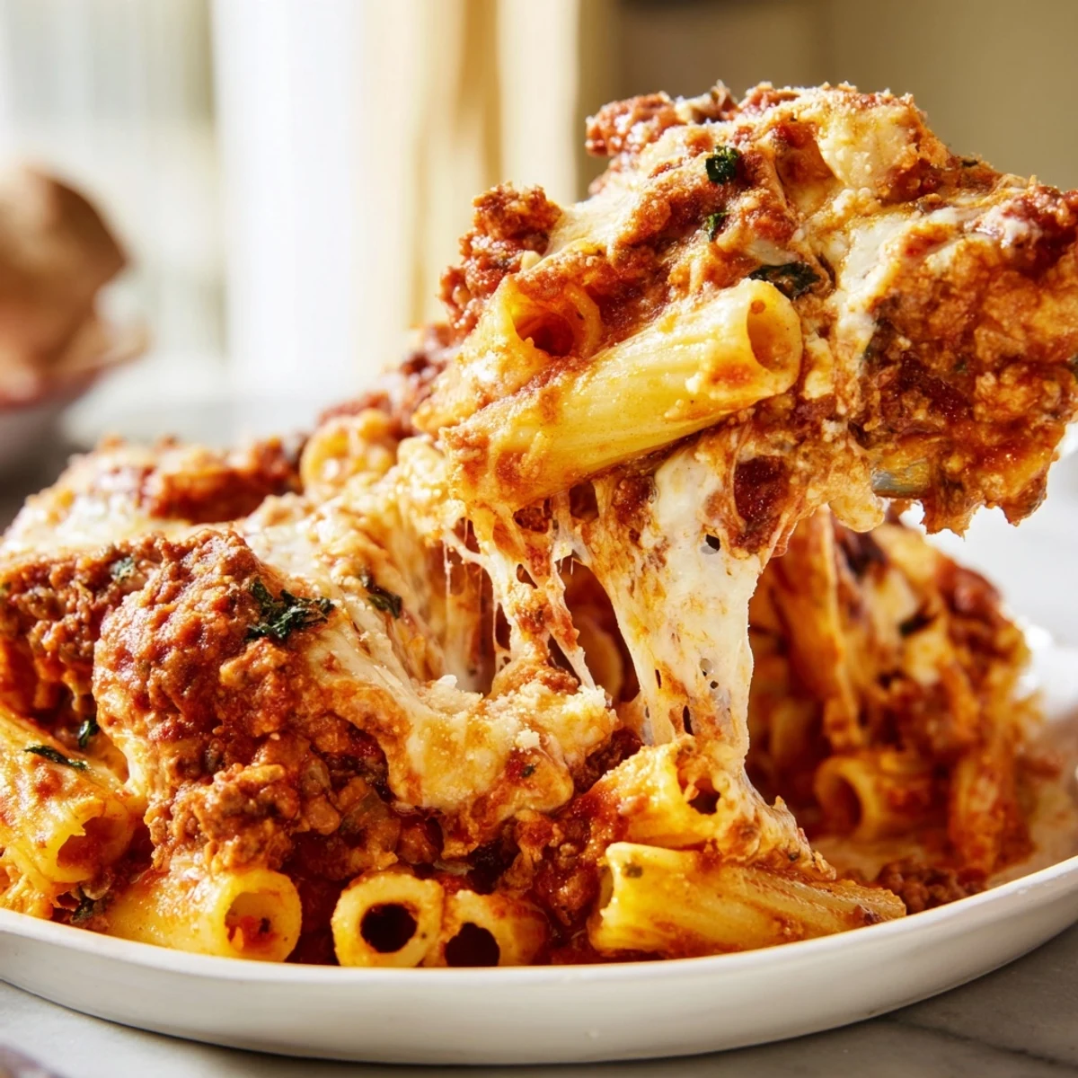 A hearty Baked Ziti with Meat Sauce, perfect for cozy family gatherings.  