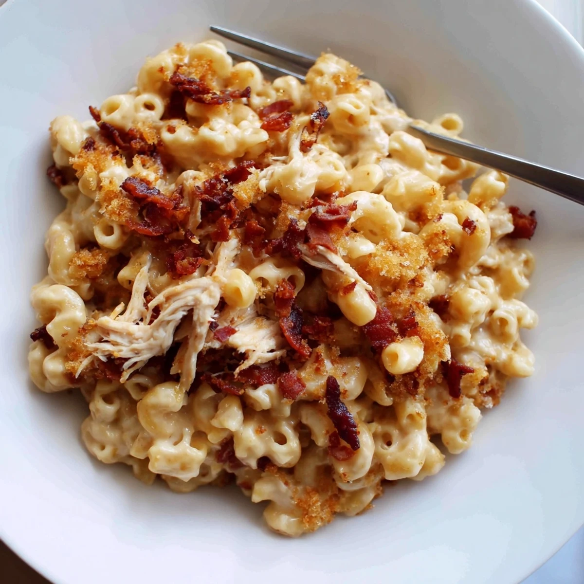Creamy Classic Mac & Cheese with BBQ Chicken, topped with crispy breadcrumbs and melted cheese.  