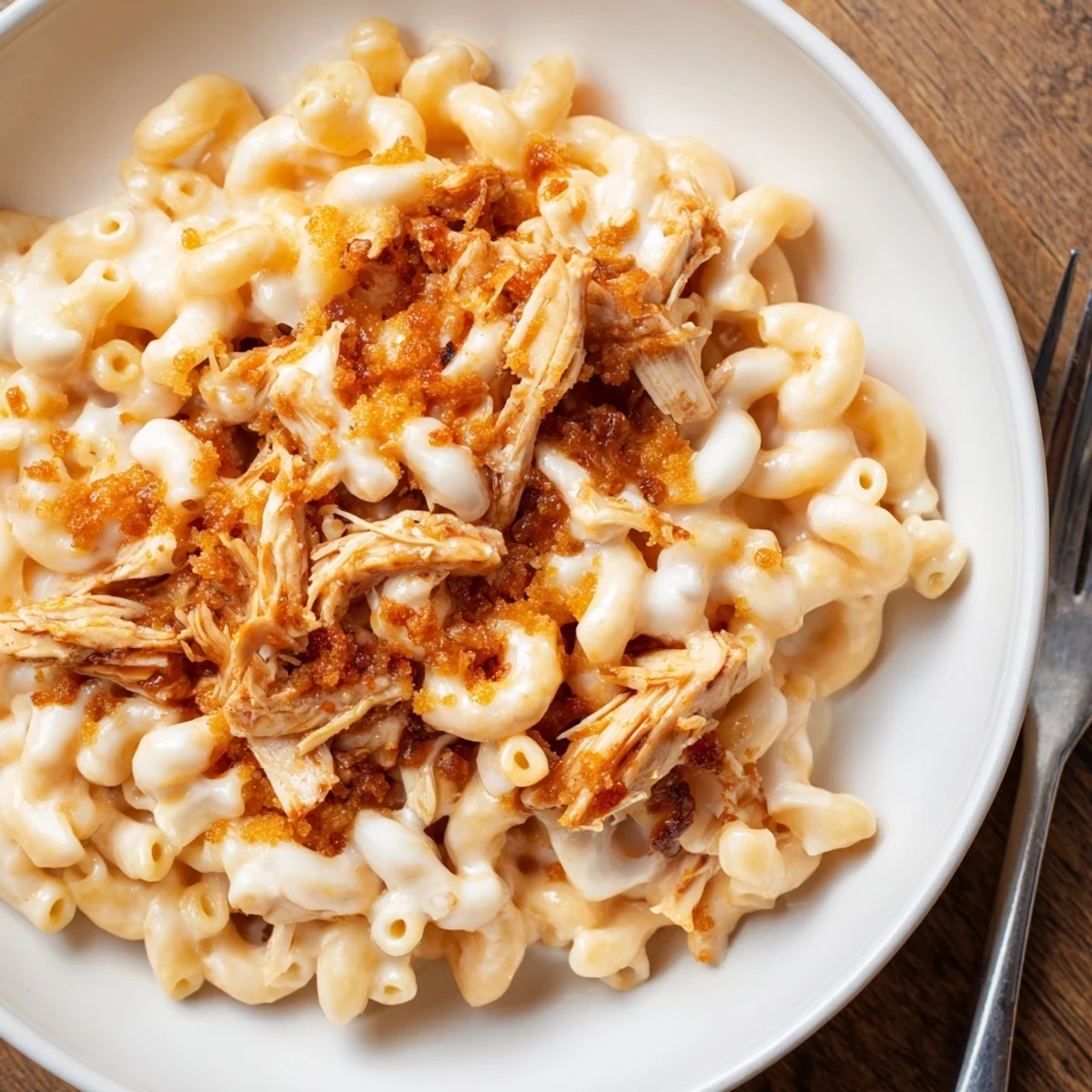 Savory Classic Mac & Cheese with BBQ Chicken, featuring a golden, crunchy breadcrumb topping.