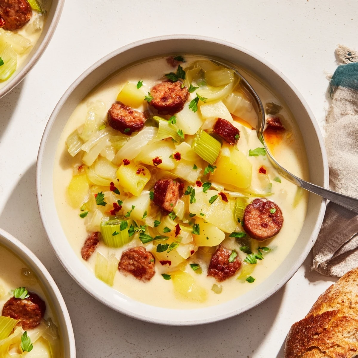A steaming bowl of potato, leek, and chorizo soup, perfect for chilly evenings.  