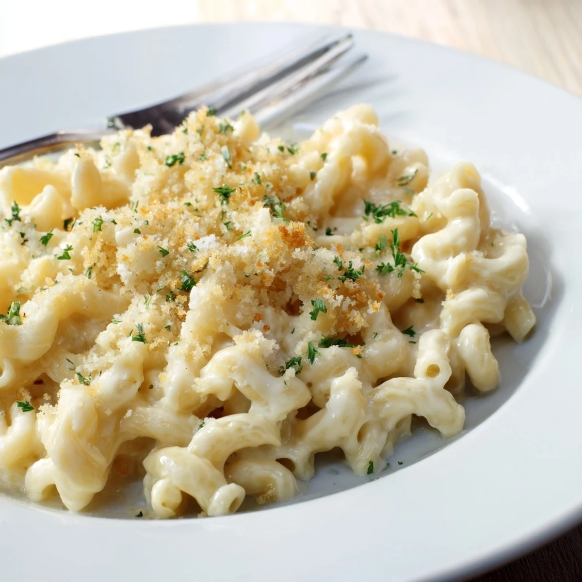 Creamy Truffle Macaroni & Cheese topped with golden panko breadcrumbs and fresh parsley.  