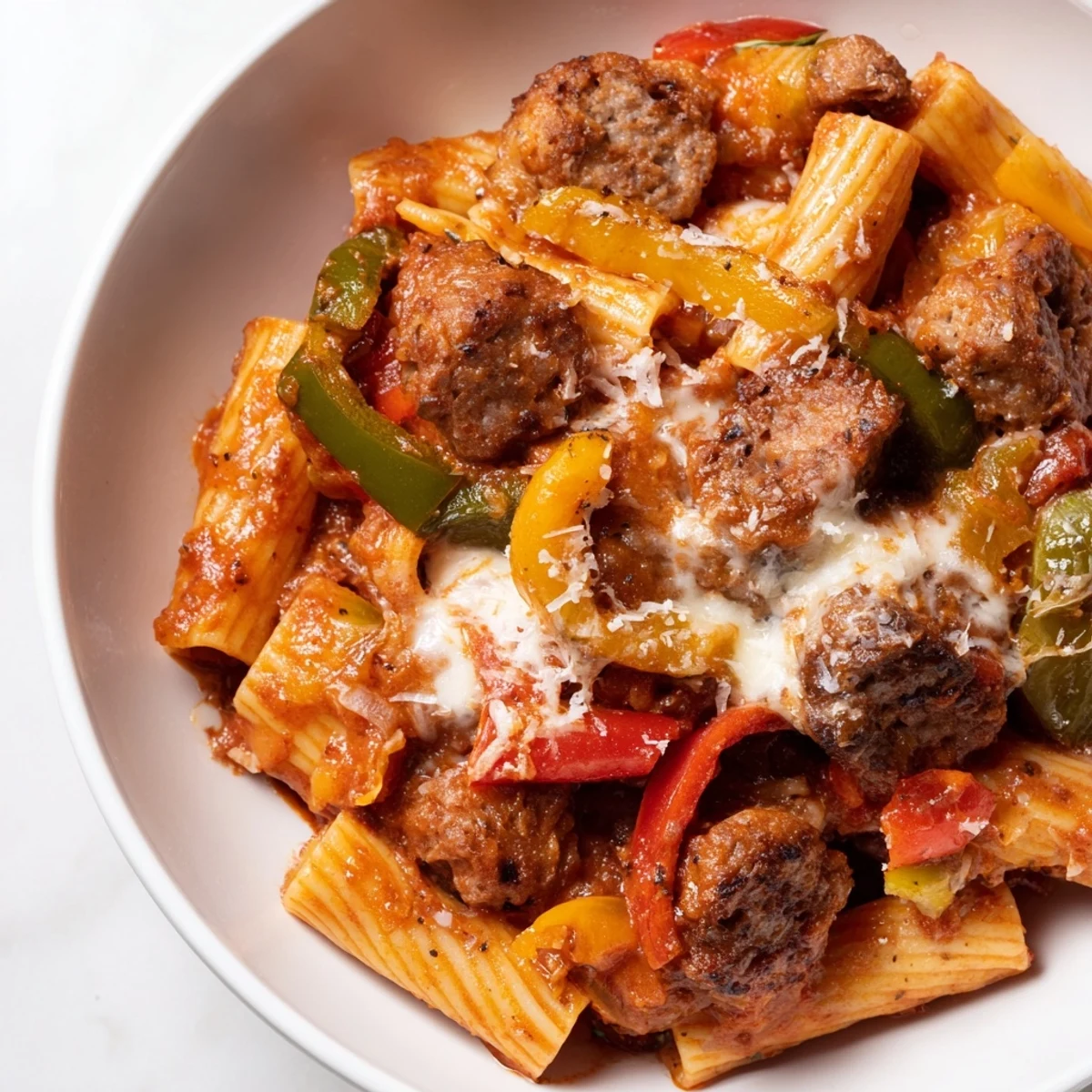 Hearty baked rigatoni with sausage and peppers, layered with melted cheese and herbs.