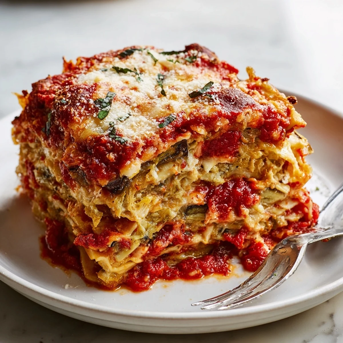 Comforting Eggplant Parmesan Lasagna baked to perfection, featuring golden crust and fresh basil.  