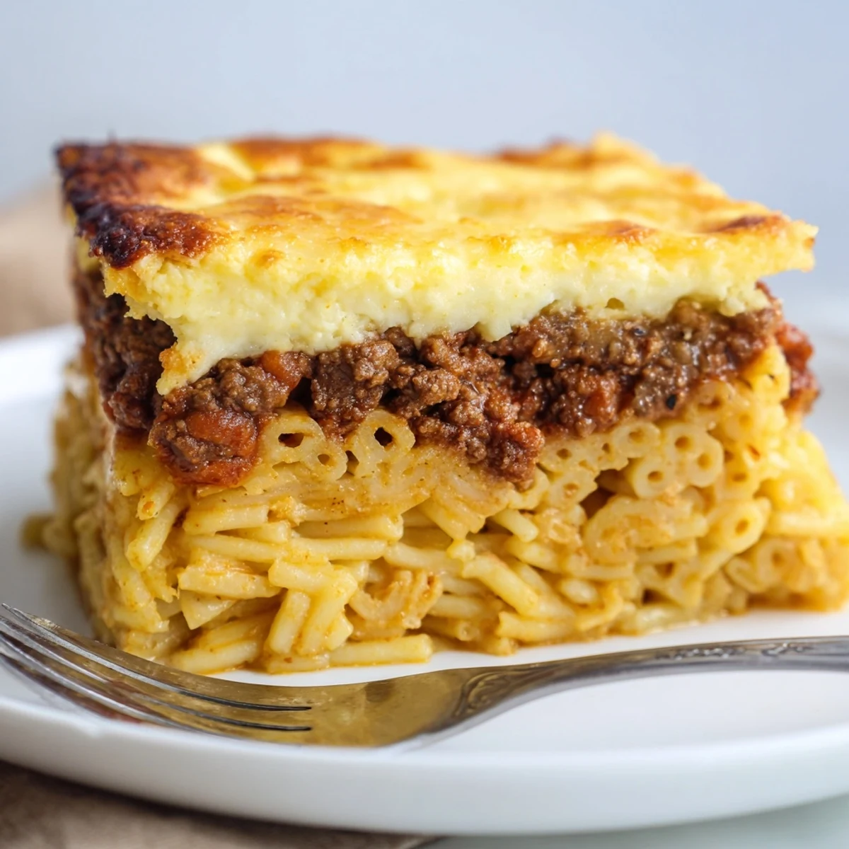 Classic Greek Pastitsio served warm with creamy béchamel and spiced beef layers.  