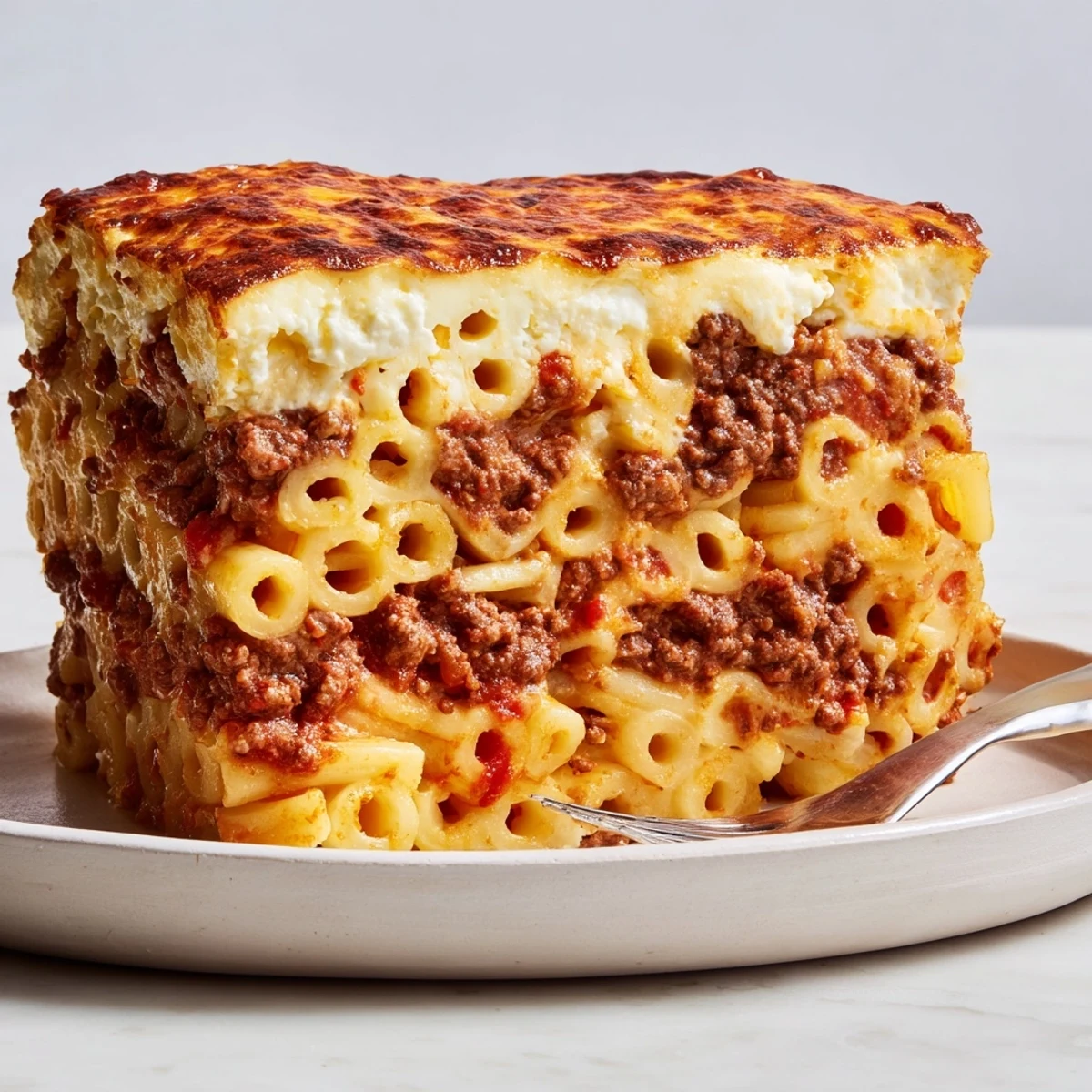 Savory layers of Greek Pastitsio showcasing béchamel sauce and tender ground beef.
