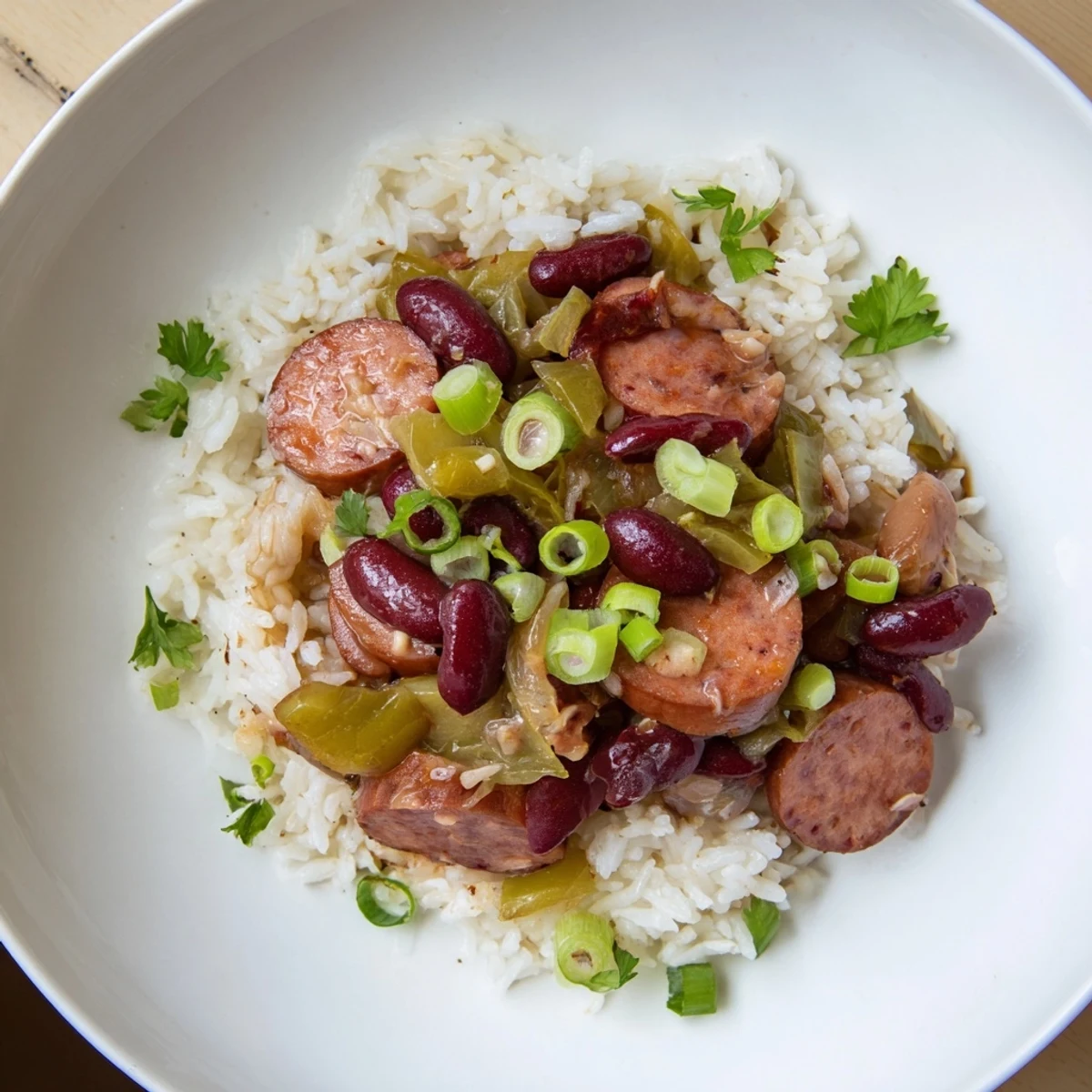 A steaming bowl of Red Beans & Rice, bursting with savory sausage and flavorful broth.