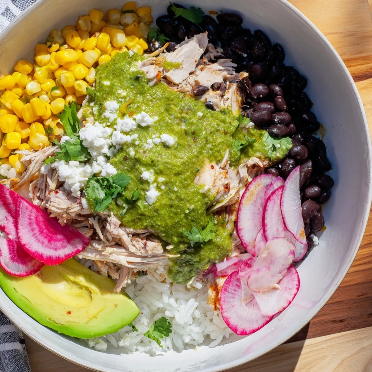 A vibrant Green Enchiladas Rice Bowl overflowing with chicken, fresh cilantro, and creamy avocado slices.