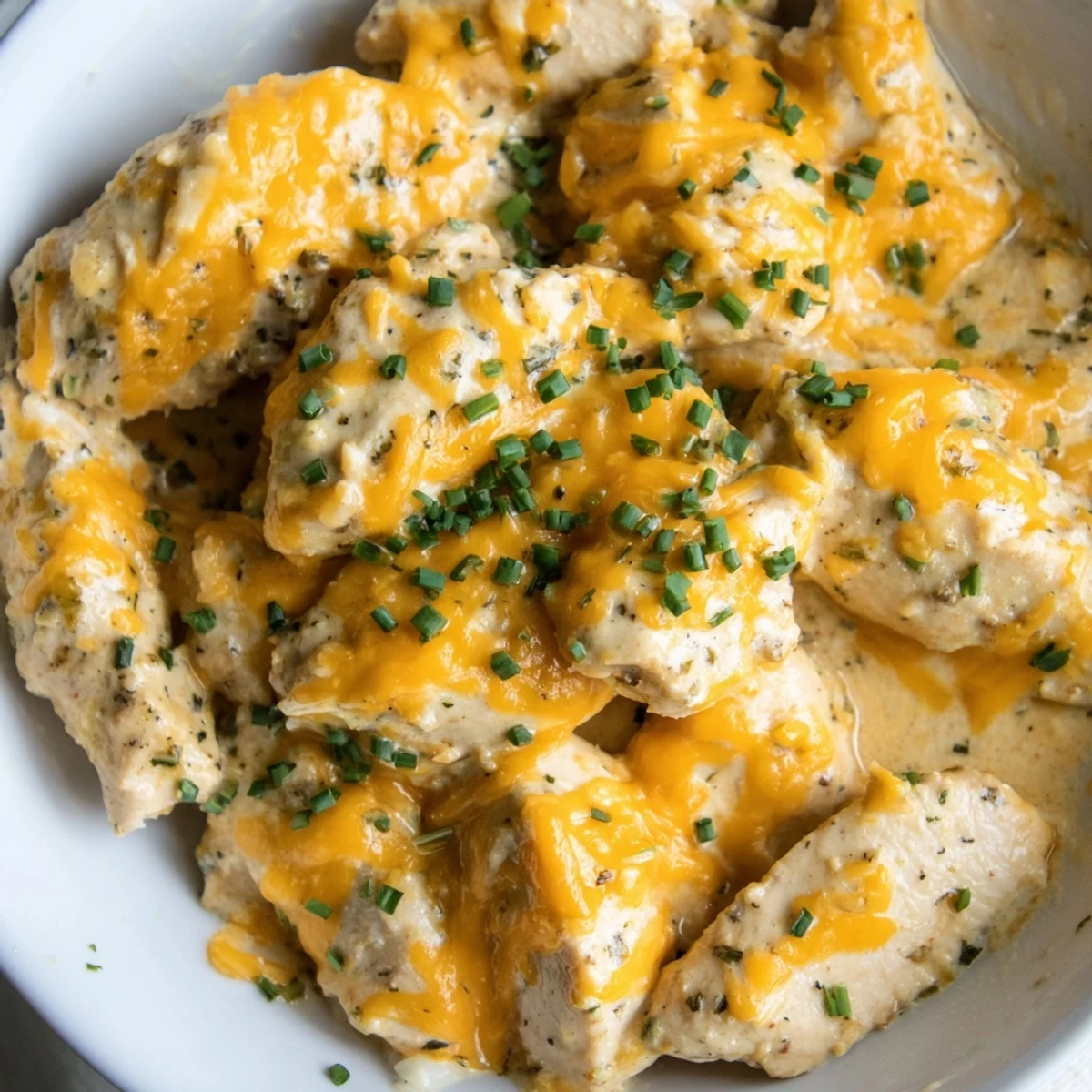 Golden, bubbling cheddar cheese melting over the delicious Cheddar Ranch Chicken Bake, ready to serve.