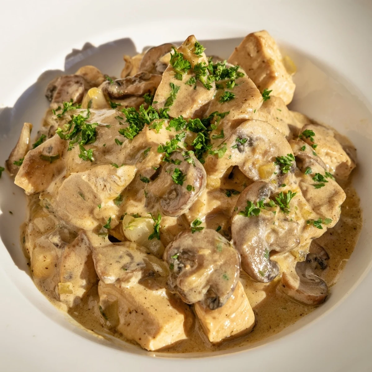This Creamy Chicken Stroganoff shows perfectly cooked chicken and mushrooms, ready to relish with delicious sauce.