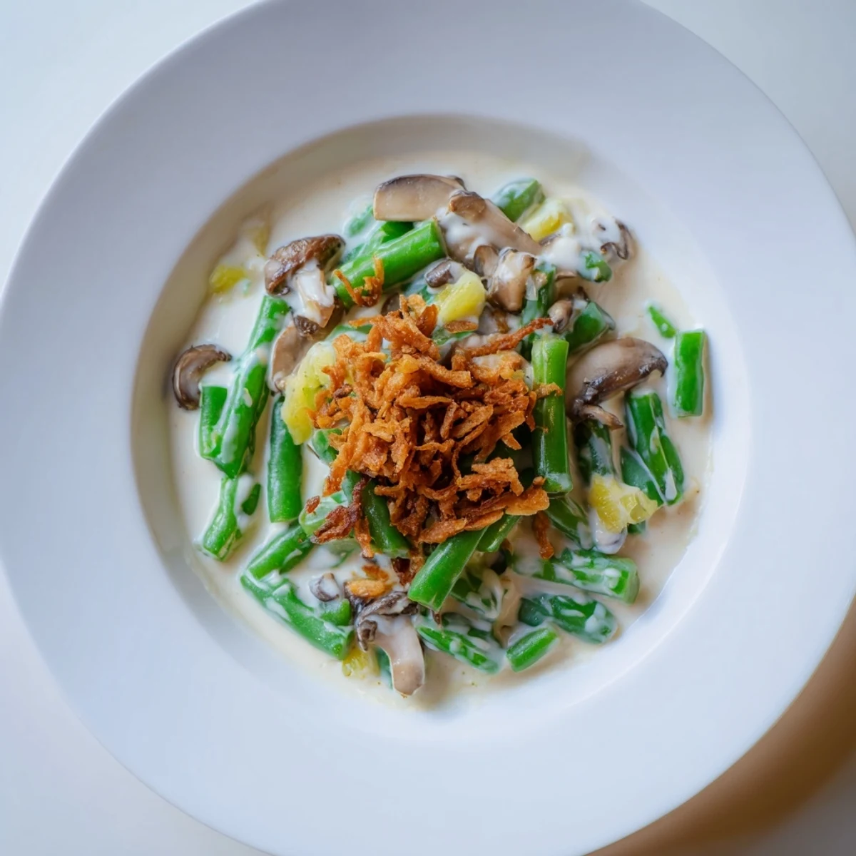 A bubbly, golden-brown Old-School Green Bean Casserole with crispy onions, ready to eat.