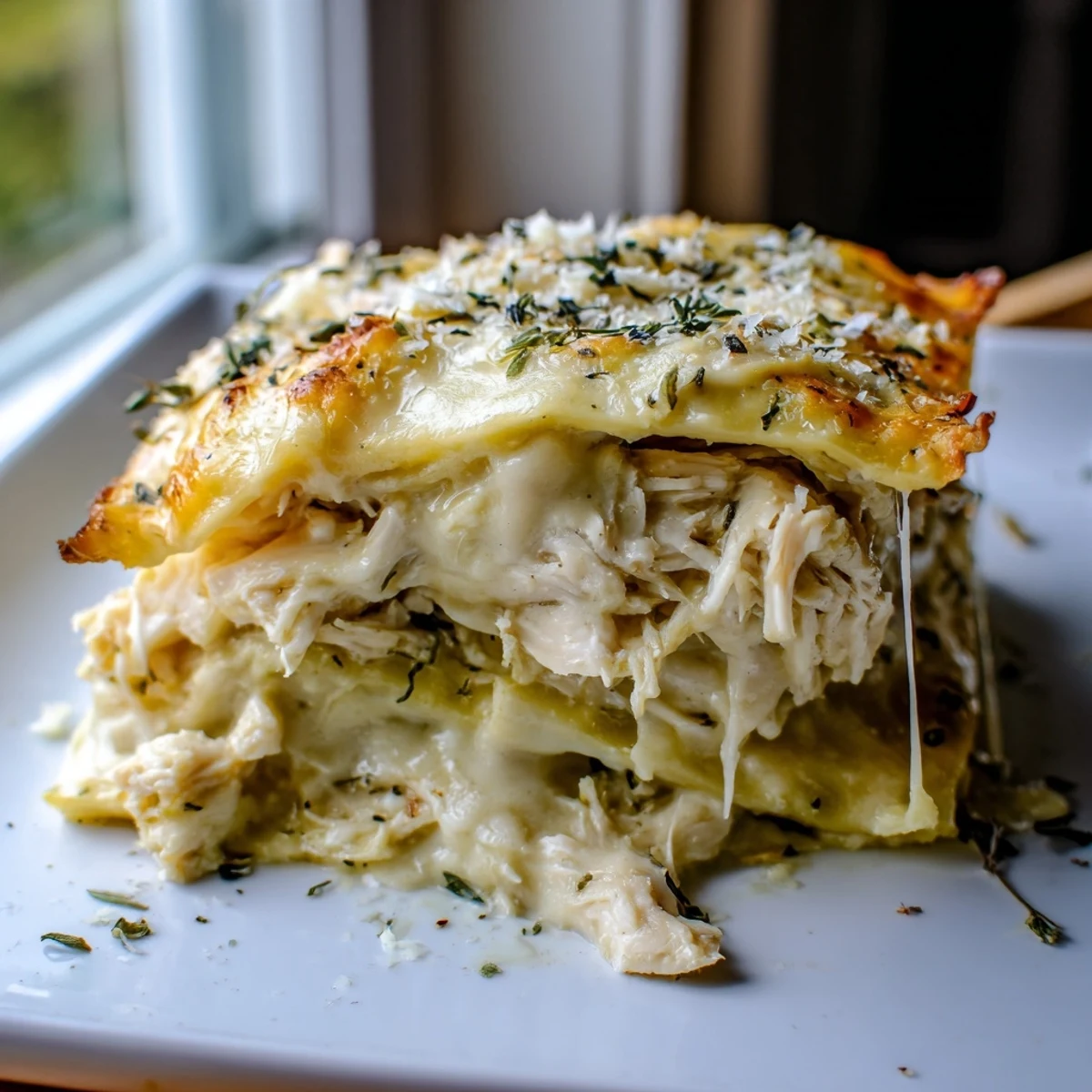 A bubbling, cheesy Rosemary Chicken Lasagna, with layers of tender chicken and creamy béchamel sauce.