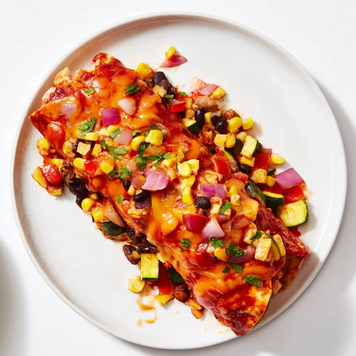A close-up shot of steaming Farmers Market Vegetarian Enchiladas, oozing cheese and colorful vegetables.