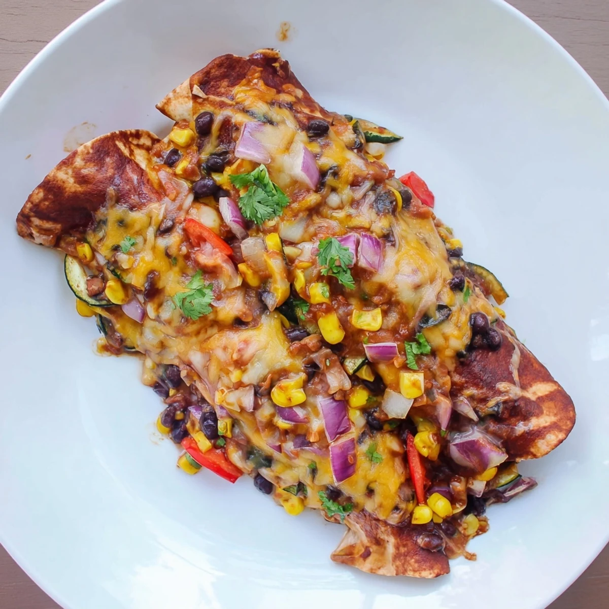 Baked Farmers Market Vegetarian Enchiladas, smothered in red sauce, showcasing a delicious vegetarian dinner.