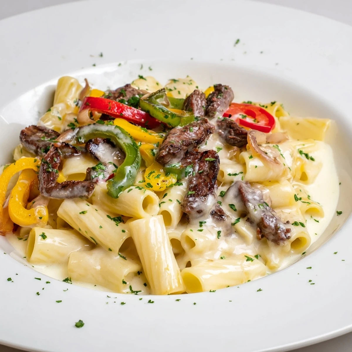 Steaming Philly Cheese Steak Pasta, with tender beef and melted cheese, ready to serve and enjoy.