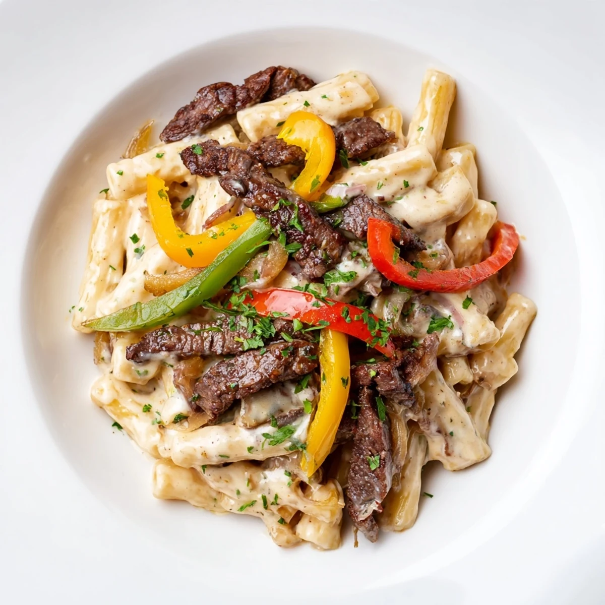 A close-up of a flavorful Philly Cheese Steak Pasta, creamy with cheese and colorful bell peppers.