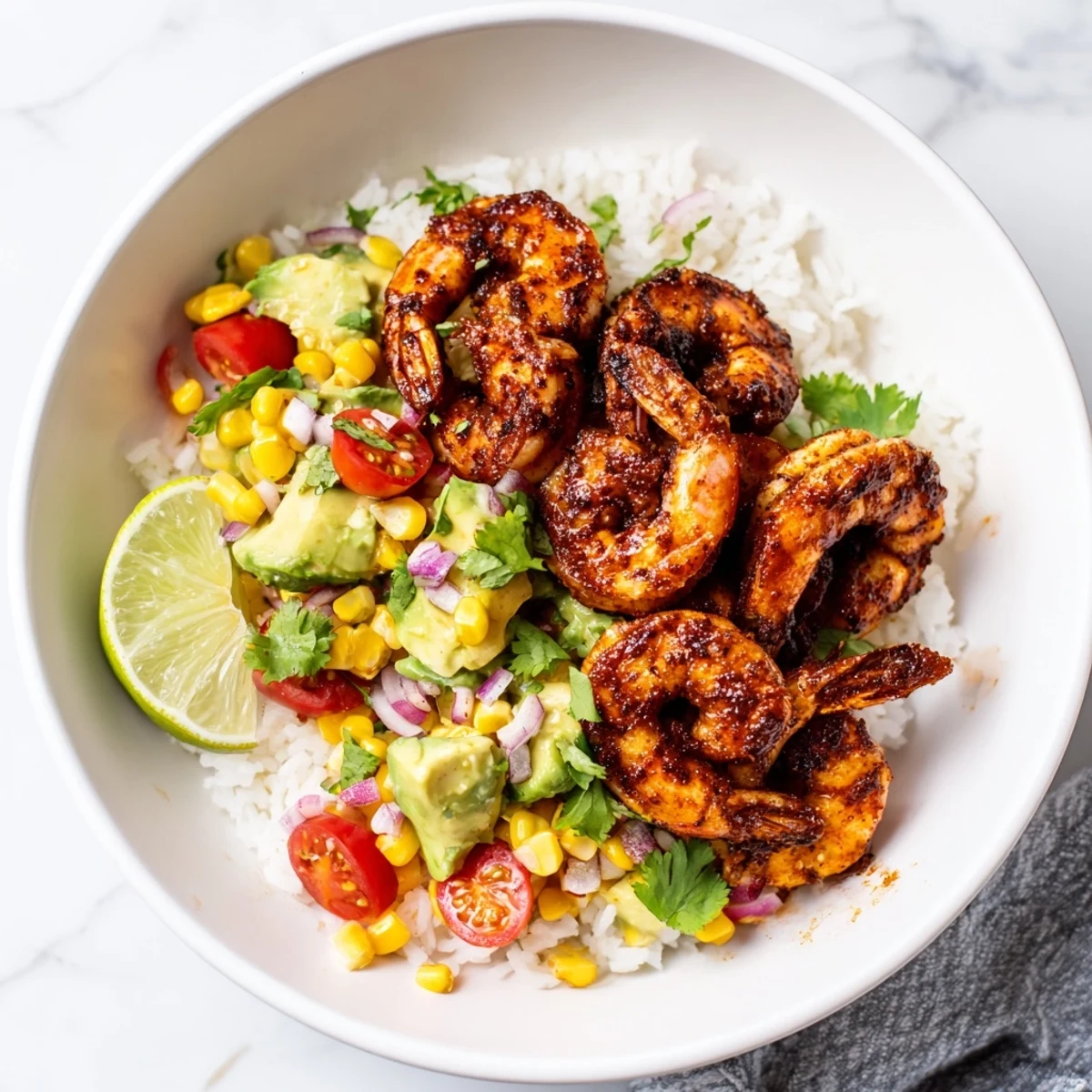Seared blackened shrimp bowl, bursting with color, topped with fresh avocado corn salsa.
