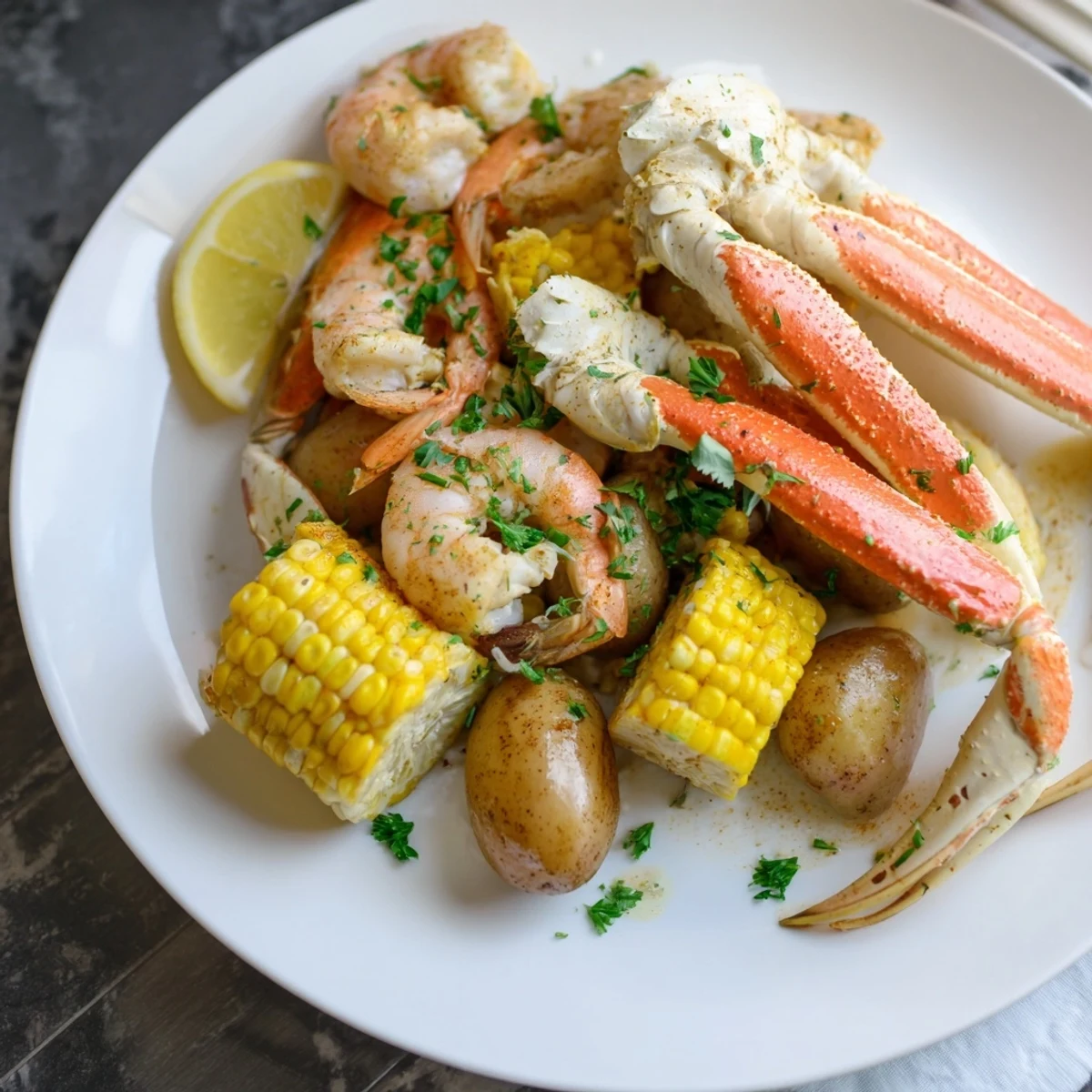 Steaming seafood boil with crab, shrimp, sausage, and corn, a feast for sharing with friends.