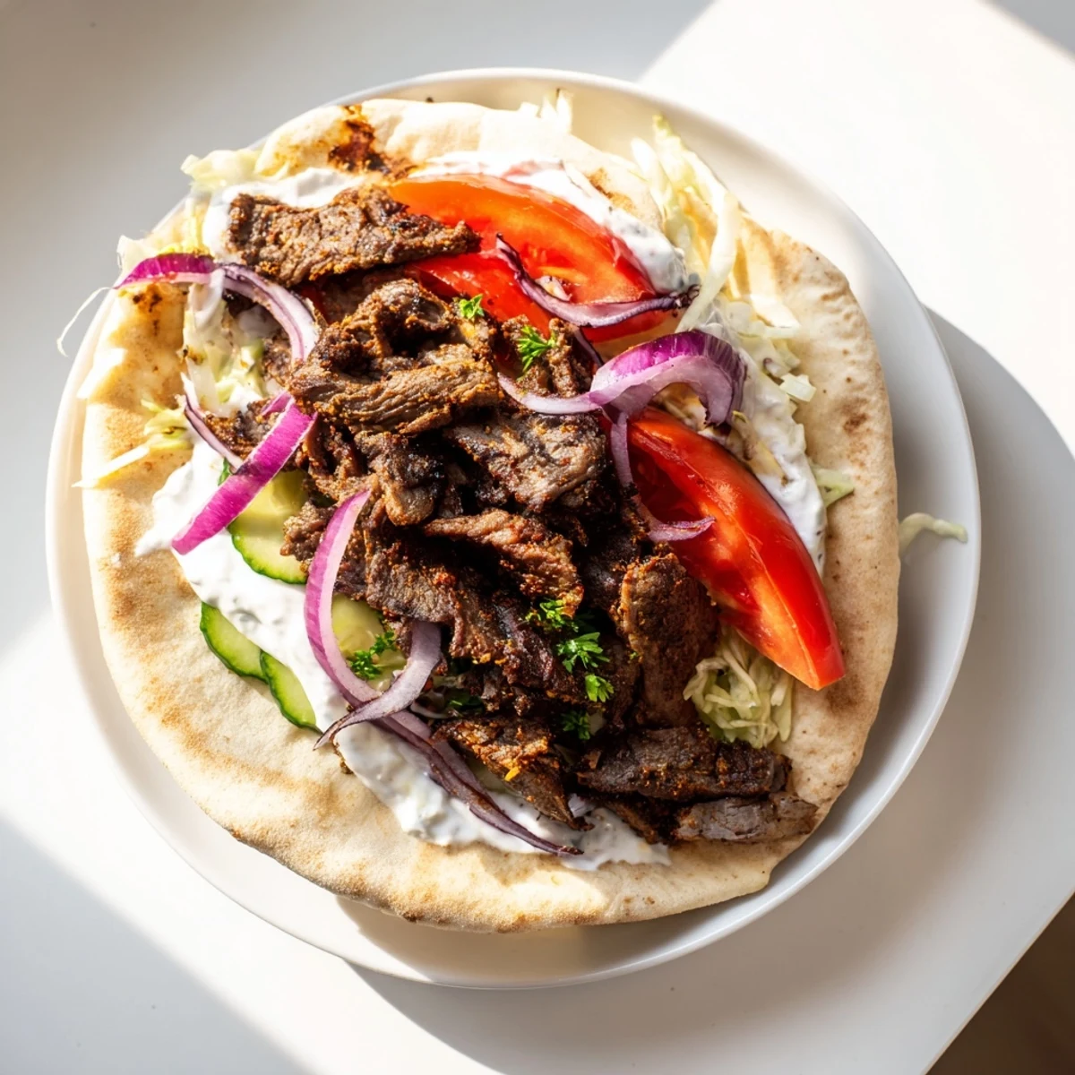 Image of sizzling Beef Shawarma Wraps filled with spiced beef and creamy yogurt sauce.